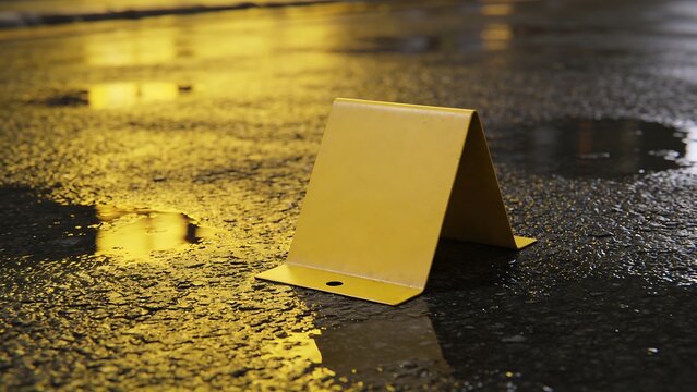A blank yellow sign, intended for marking the crime scene, is placed on the wet road.