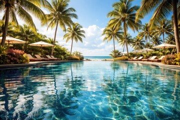 Obraz premium Tropical vacation backdrop with palm tree reflections shimmering in pool water