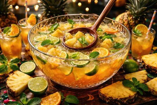 Vibrant alcoholic punch bowl loaded with fresh pineapple and lime