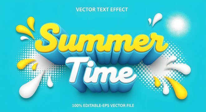 Summer time 3d text effect, playful yellow and white typography with water splashes and halftone pattern on cyan background