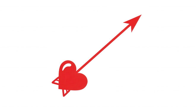 A bright red heart shape pierced by a long, straight arrow pointing upwards, isolated on a solid black background, flat style