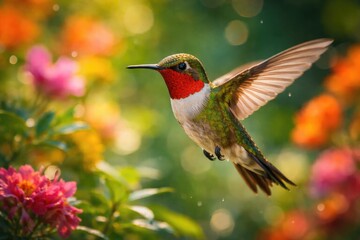Obraz premium Small Ruby throated hummingbird fluttering wings with vivid colors