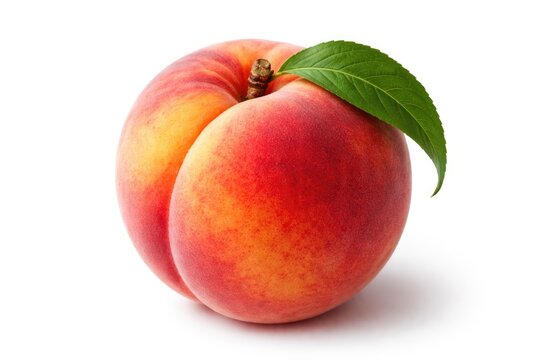 Close up of a peach accessory fruit accompanied by leaf on pure white backdrop