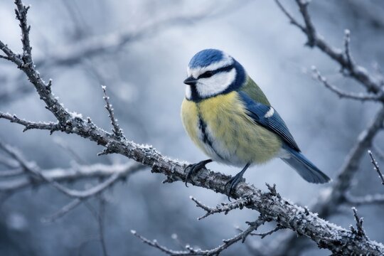 Blue tit bird captured on leafless winter branches with a cold backdrop