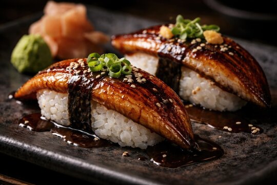 Gourmet nigiri sushi served with caramelized unagi and smoked eel fillings