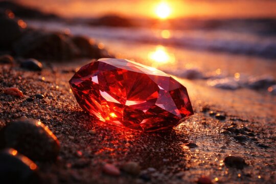 Zoomed in capture of a brilliant scarlet gemstone on rough beach surface at dusk