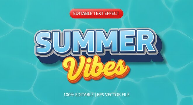 Summer vibes text effect, editable 3d typography design with water surface background
