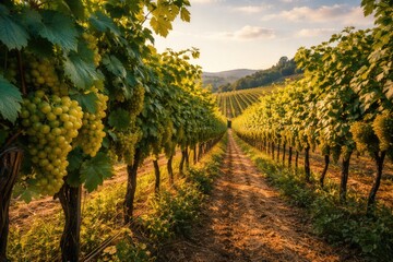 Naklejka premium Green vineyard crops developing fully in warm summer conditions
