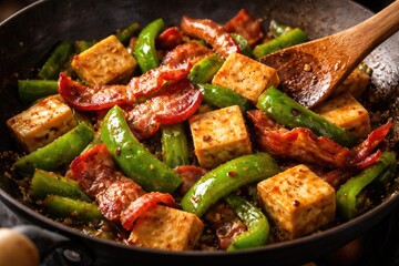 Fototapeta premium Experience a delightful stir-fry of green pepper with tofu and smoky bacon strips