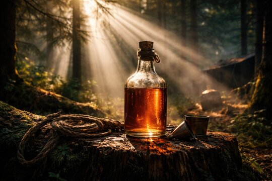 Woodland setting with rays of sun highlighting a bottle for illegal spirit crafting