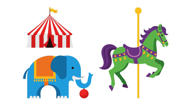 Circus Elephant, Carousel Horse, and Tent - Fun Fair Entertainment Icons