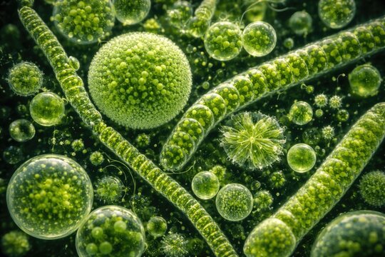 400 times magnified visual study of multiple green algae types with selective clarity