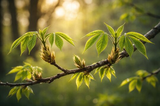 Spring season view of compound leaves expanding from buds along a shagbark hickory branch