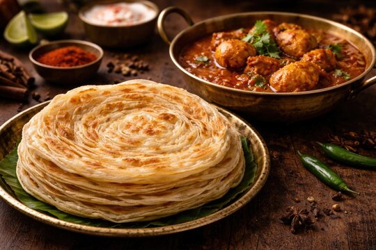 Traditional layered parotta prepared from maida flour with chicken curry