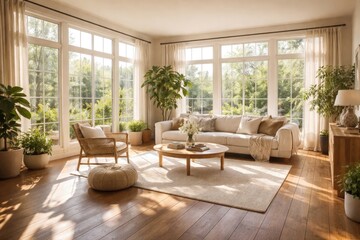 Fototapeta premium Well lit room showcasing natural sunlight through many windows paired with earthy wooden flooring