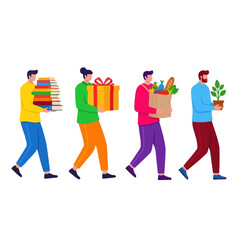 Fototapeta premium Diverse people carrying books, gift, groceries, and plant, symbolizing life, learning, and growth.