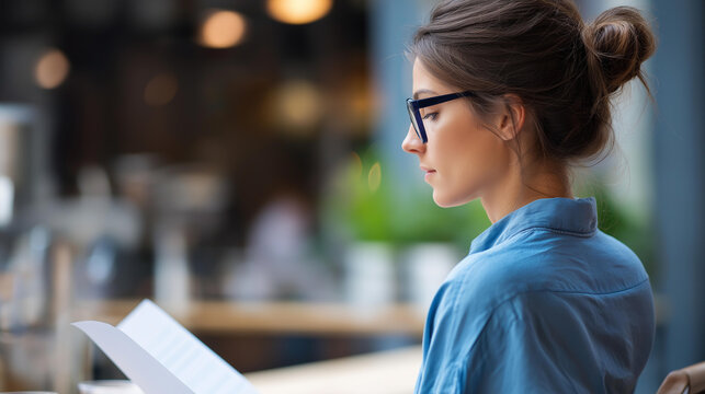 Rear view of a social worker in a caf&eacute; reviewing community resource materials, advocacy concept, mental health community support, social services outreach, defocused background,