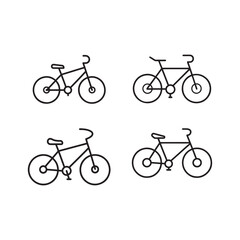 Fototapeta premium Four minimalist bicycle line art illustrations in different positions and angles simple black line drawings of bicycles on white background
