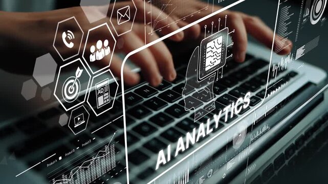Modern Workspace Illustration with Hands on Laptop Displaying AI Analytics and Digital Data Visualization Concepts. Asymptotic smart data analytic.