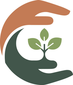 Hands protecting sapling logo sustainable growth environmental care and nurturing concepts