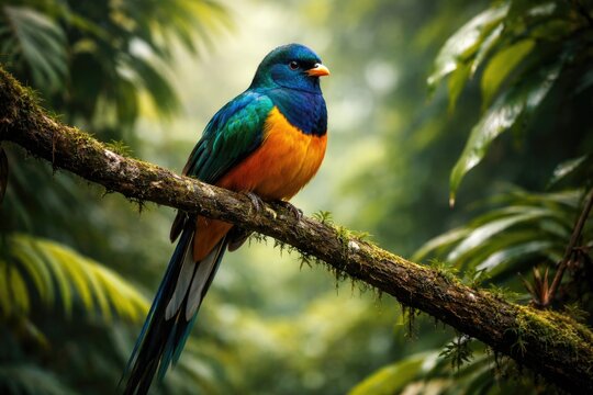 Exotic tropical bird sitting on wood branch in vertical format with nature copy space