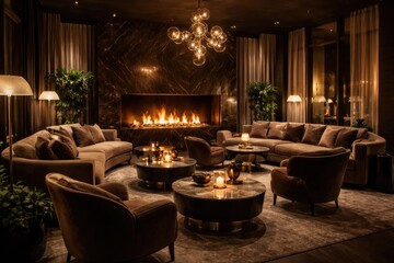 Obraz premium Sophisticated lounge interior with contemporary seating and a glowing fireplace creating warm mood lighting