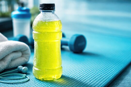 Refreshing isotonic energy drink in plastic bottle shown on cyan sports mat background with copy space