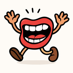 Obraz premium Cartoon smiling mouth with teeth and tongue running excitedly with arms up in a comic book style, conveying joy and happiness