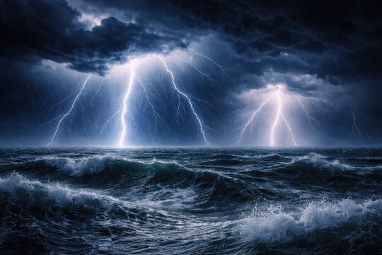Violent storm unleashes a barrage of lightning over turbulent ocean waters