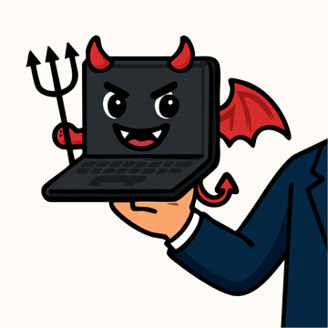 Cartoon businessman holding laptop with devilish face and red horns and wings, symbolizing temptation and technology