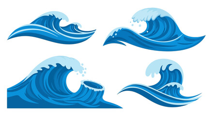Naklejka premium Set of Four Dynamic Ocean Waves, Blue Sea Water Surfing, Crashing and Rolling