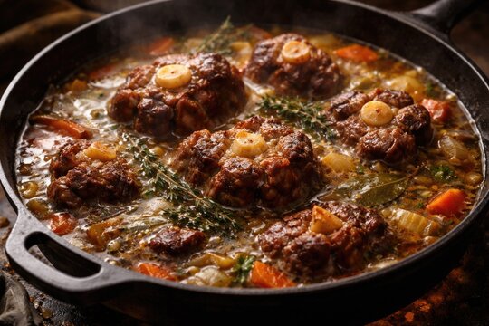 Simmering oxtail stew in a skillet with aromatic broth and tender meat