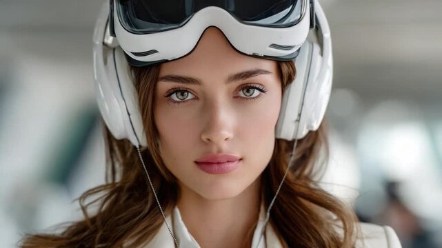 Serene gaze with Headset: Captivating portrait of a woman adorned with a futuristic headset, her eyes exuding an air of sophistication and technological integration. 