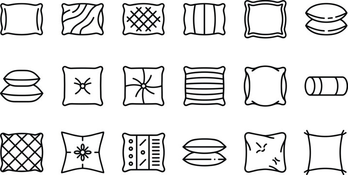 Hand Drawn Pillow Icon Set with Cushion Shapes, Decorative Bedding Elements and Home Interior Outline Vector Collection