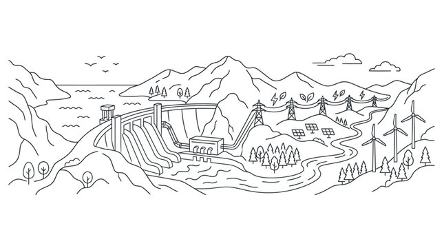 Hand drawn illustration of a hydroelectric dam and renewable energy landscape.