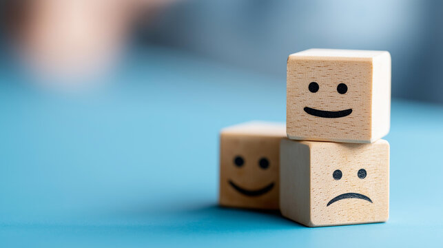 Close-up of wooden emoji face cubes stacked on a blue background, mental health feedback concept, positive and negative emotions, world mental health day symbol, with copy space