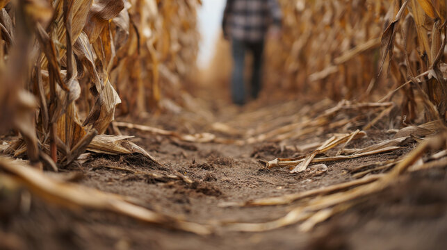 Conceptual close-up of dirt path and corn stalks with blurred legs walking through maze, depth of field image for web design