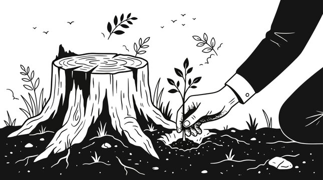 A black and white illustration showing a hand planting a new sapling next to a tree stump.