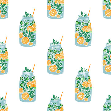 Seamless lemonade bottle pattern with citrus and mint elements in fresh summer style.