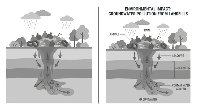 Educational diagram showing groundwater pollution caused by landfill waste contamination.