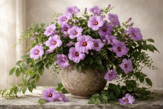Purple bignonia floral display complemented by verdant greenery set against a subtle neutral background showcasing organic beauty