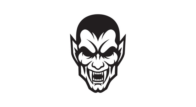 A striking black and white illustration of a vampire's menacing face with sharp fangs and glowing eyes, set against a plain white background.