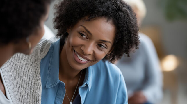 Close-up of a therapist leaning forward with a comforting smile during an open group therapy session, compassionate care concept, mental health professional empathy, counseling