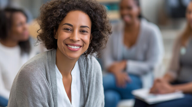 Close-up of a therapist leaning forward with a comforting smile during an open group therapy session, compassionate care concept, mental health professional empathy, counseling