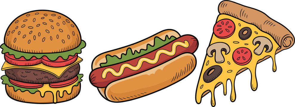 Fast food set burger hot dog pizza slice, hand drawn vector illustration isolated collection