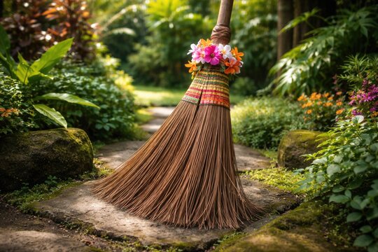 Lush green garden showcasing a handcrafted Indonesian Sapu Lidi broom made of coconut leaves with bright floral accents