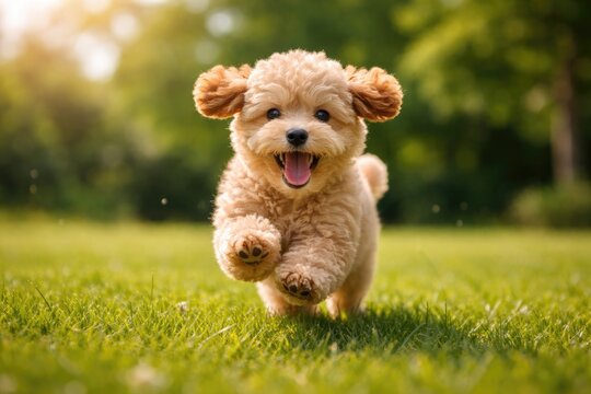 Cheerful little poodle puppy pet sprinting full length over dense green grass lawn on a bright summer day with copy space