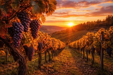 Naklejka premium Autumn vineyard landscape with sunset sky and ready grape bunches