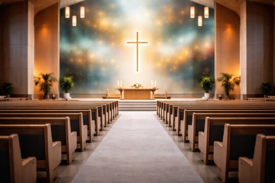 Modern church interior with rows of seats and a walkway against a blurred abstract backdrop