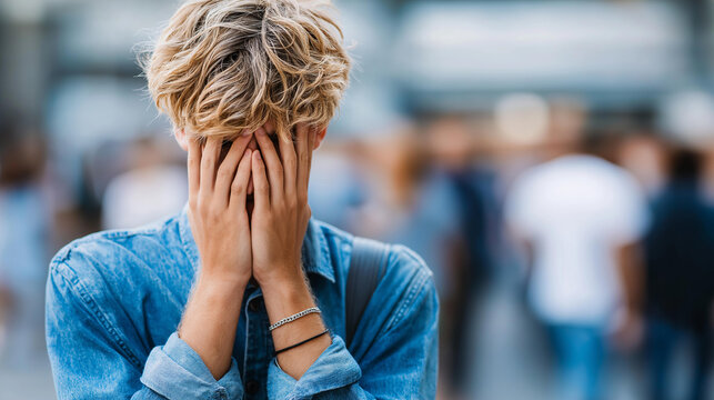 Close-up of a panicked person in a crowd with blurred pedestrians passing, panic attack concept, public anxiety disorder, mental health in urban spaces, defocused background, with
